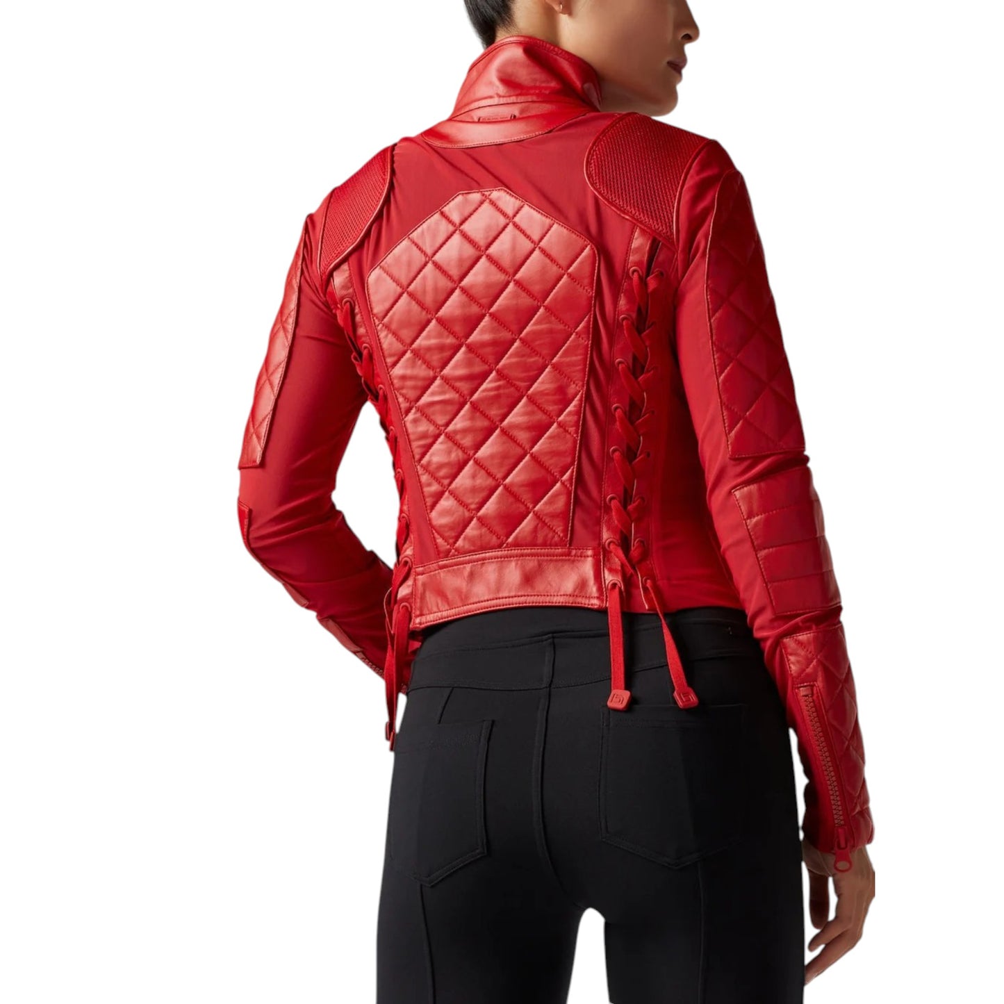 Red quilted jacket worn by a person on a white background