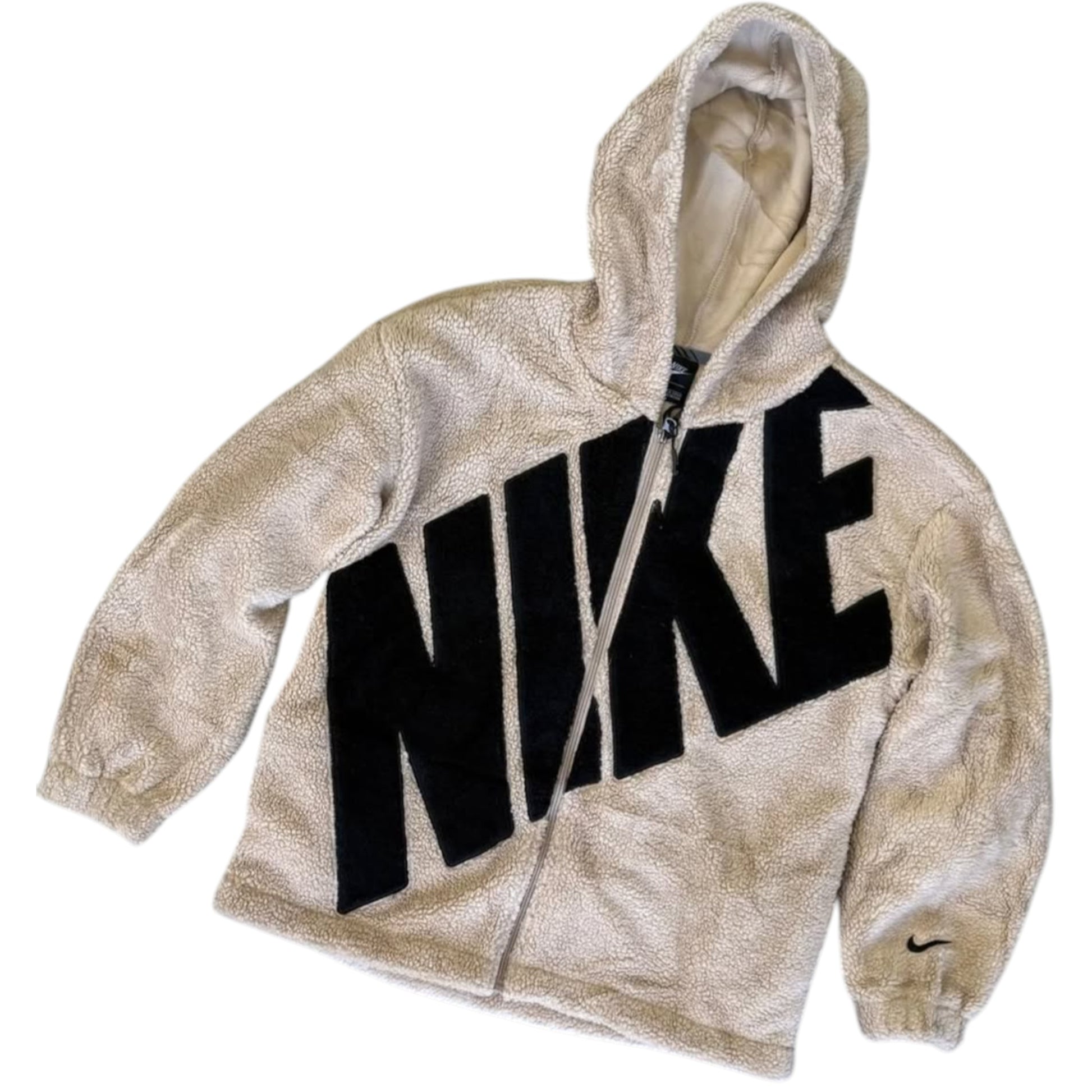 Beige hoodie with black 'Nike' logo on a white background