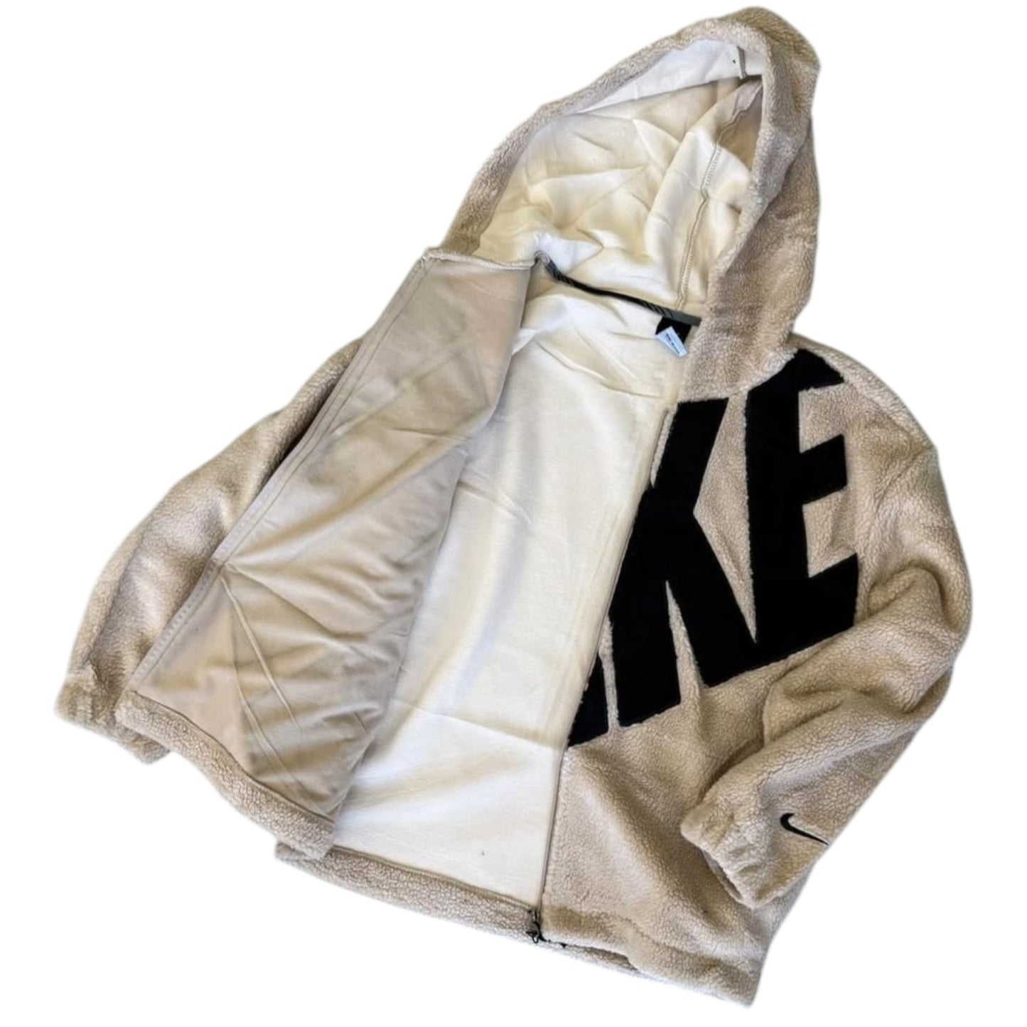 Beige hoodie with black 'KE' logo on a white background