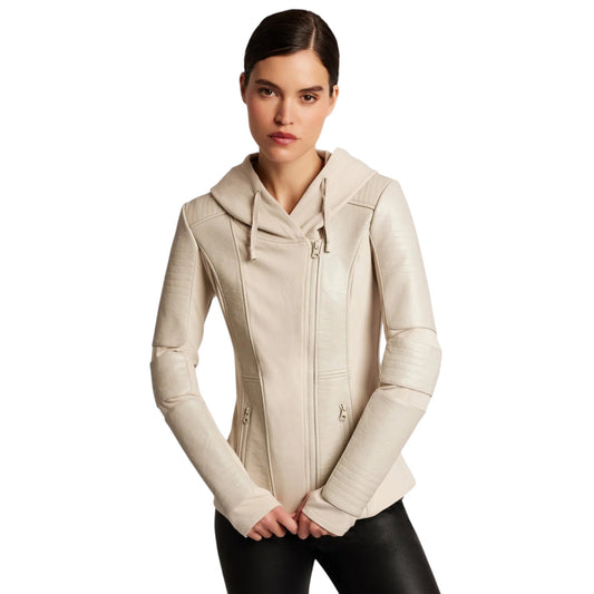 Woman wearing a beige hooded jacket on a white background