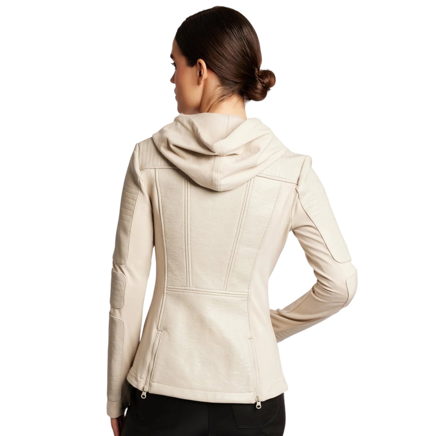 Woman wearing a beige hooded jacket on a white background