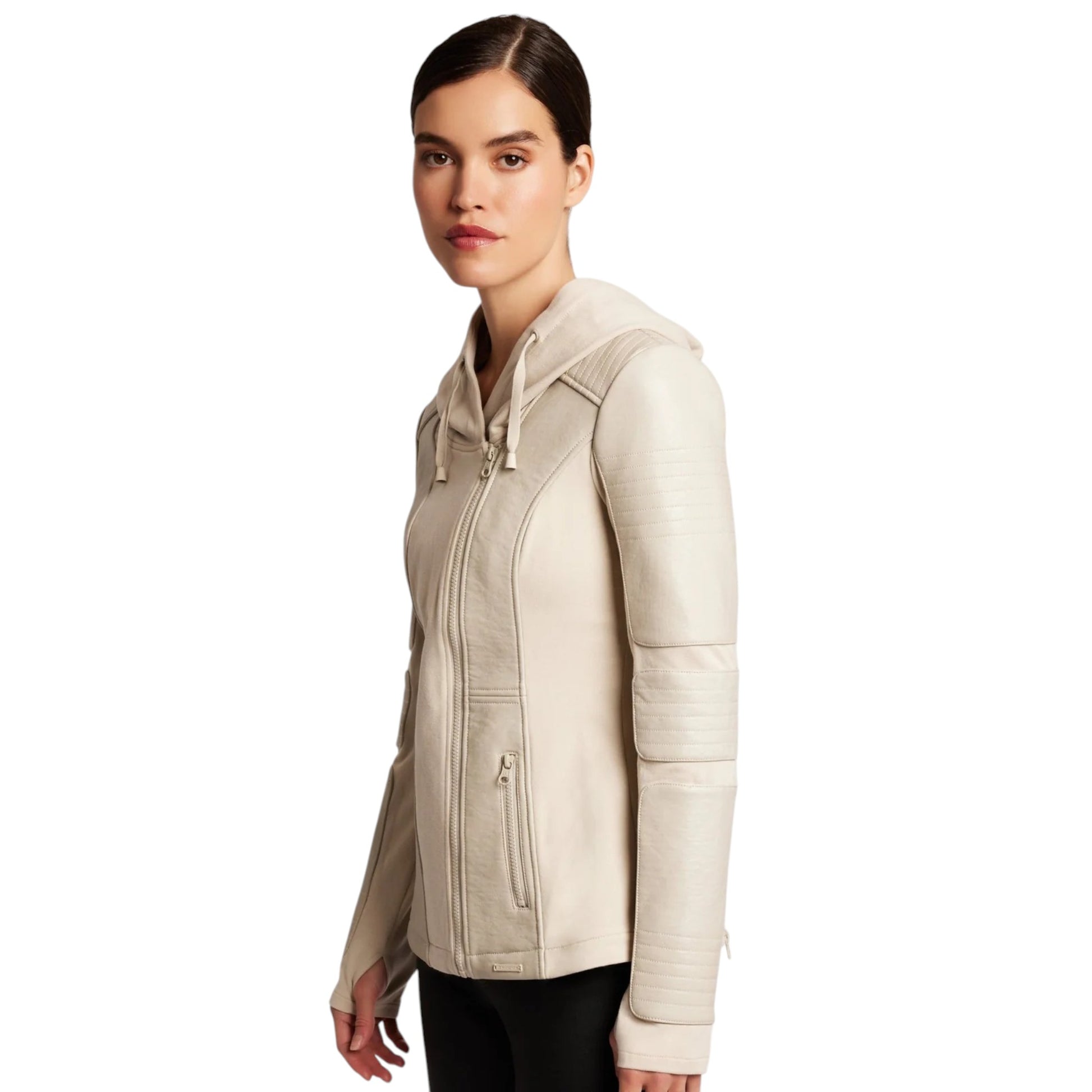 Woman wearing a beige jacket on a white background