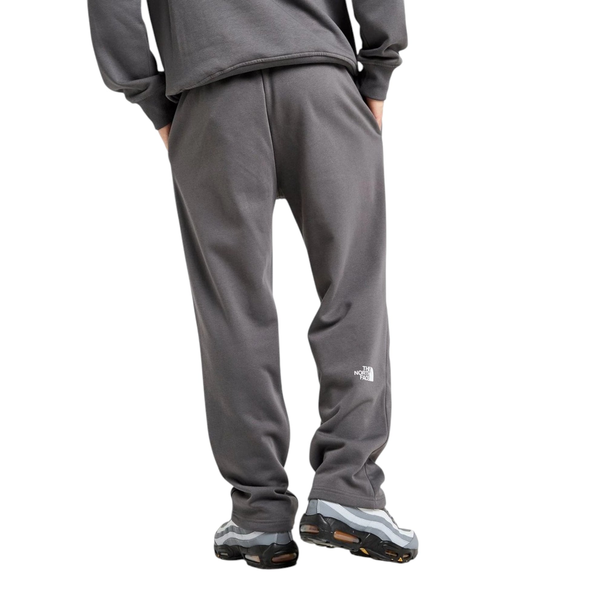 Gray sweatpants with a brand logo on a white background