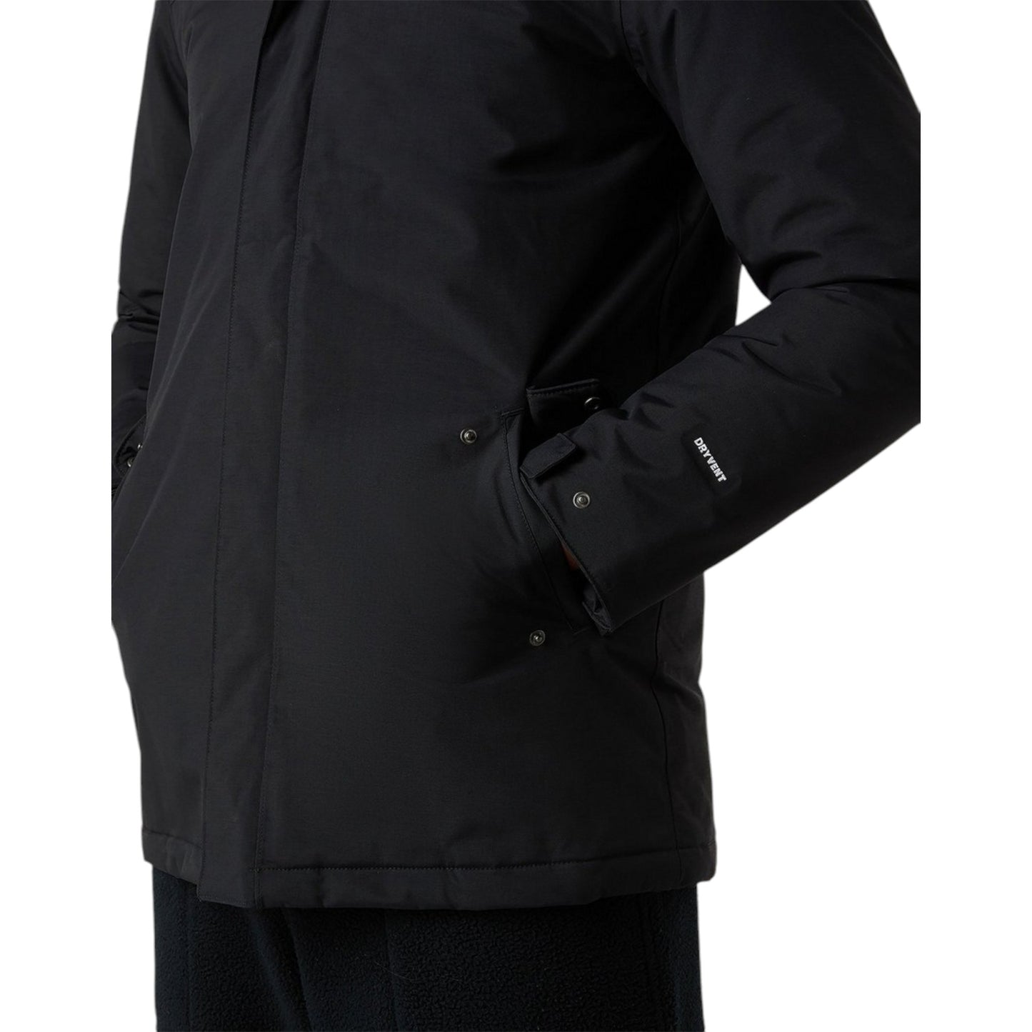 Black jacket with a brand logo on a white background