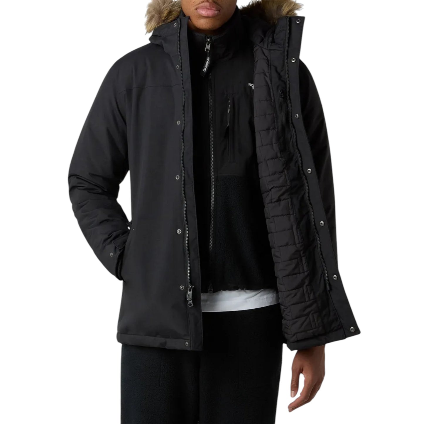 Person wearing a black winter coat with fur hood on a white background