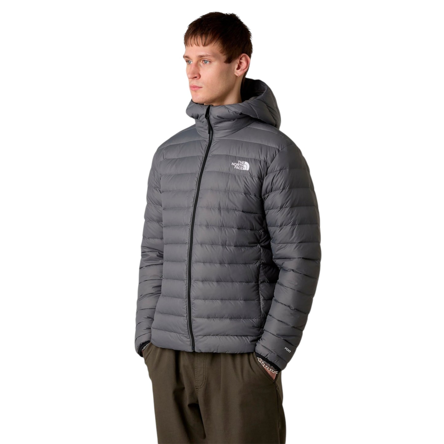 Person wearing a gray puffer jacket with a brand logo on a white background