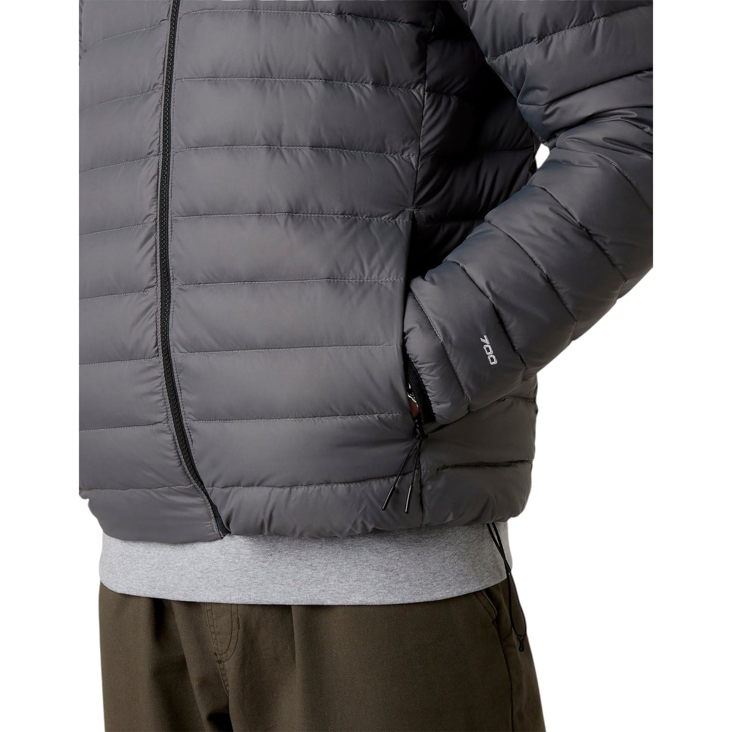 Gray puffer jacket with a brand logo on a white background