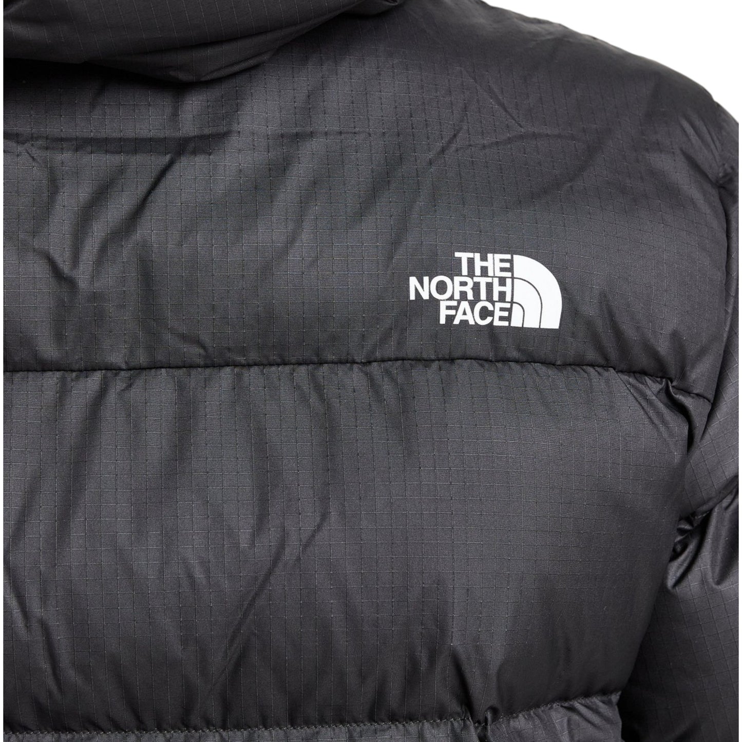 Close-up of a black puffer jacket with The North Face logo.