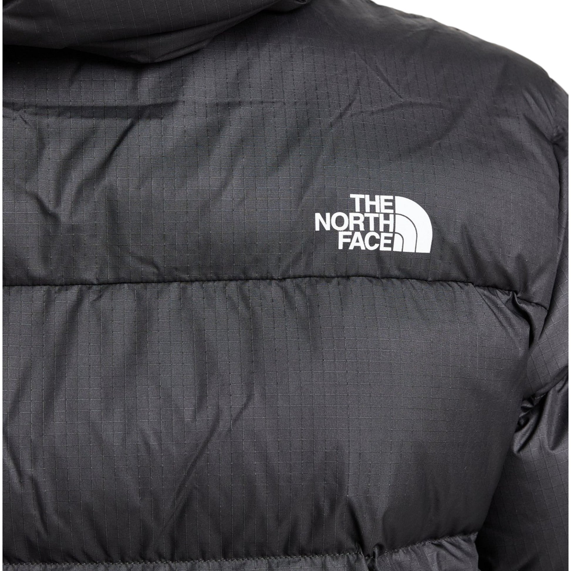 Close-up of a black puffer jacket with The North Face logo.