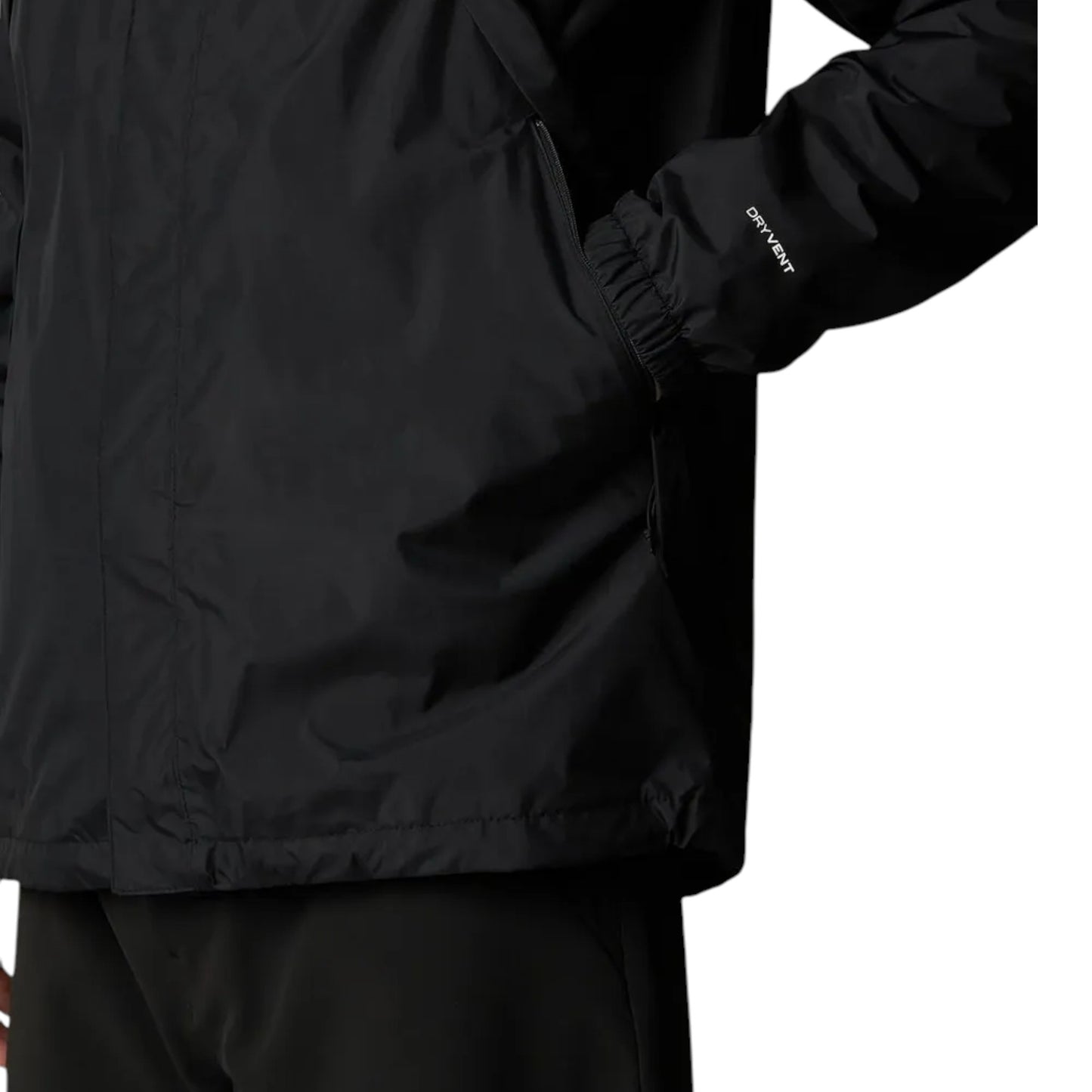 Black jacket with a brand logo on the sleeve against a white background