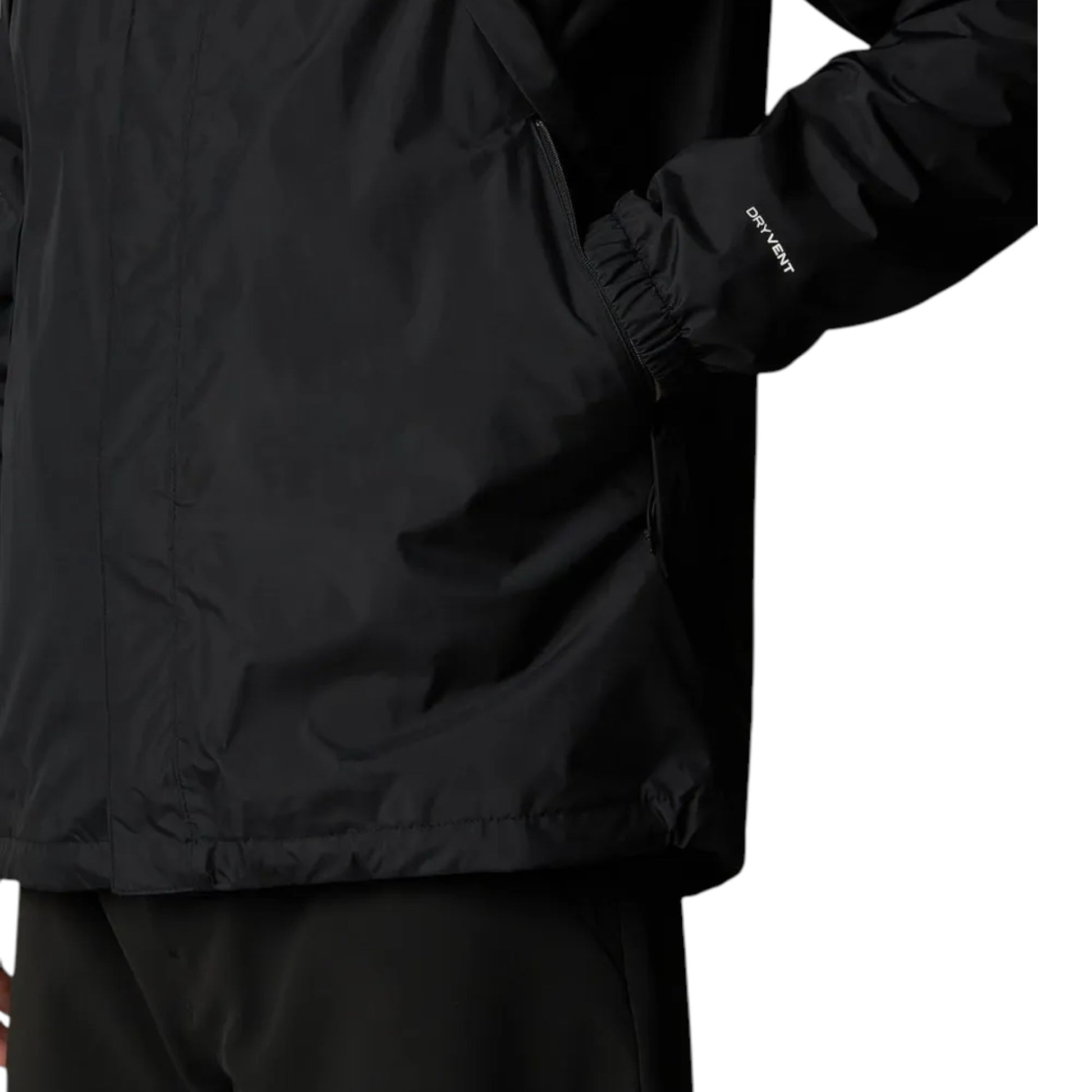 Black jacket with a brand logo on the sleeve against a white background