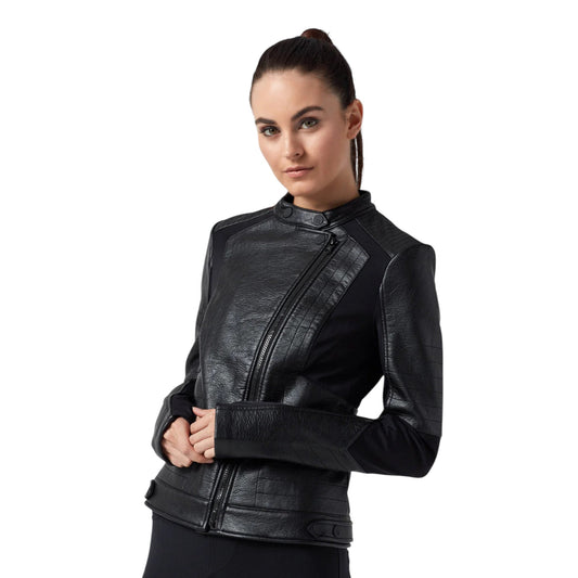 Woman wearing a black leather jacket on a white background
