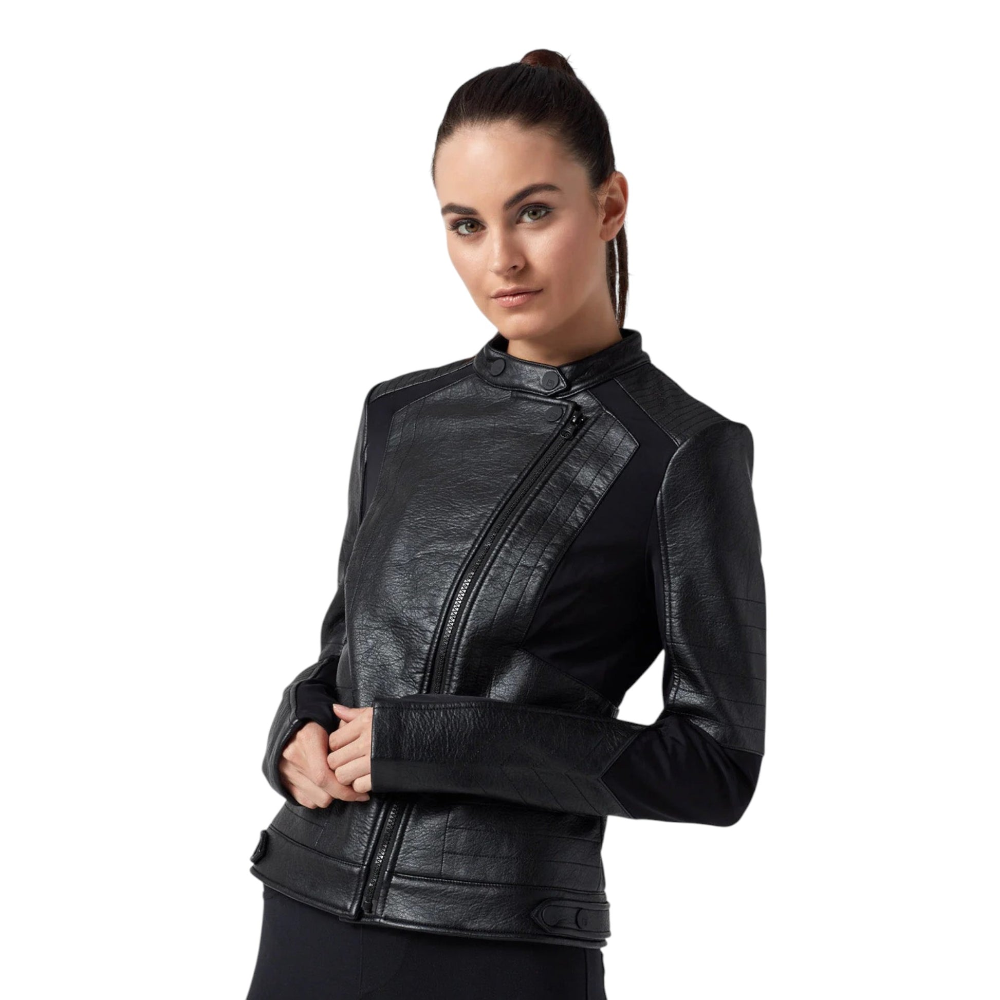 Woman wearing a black leather jacket on a white background
