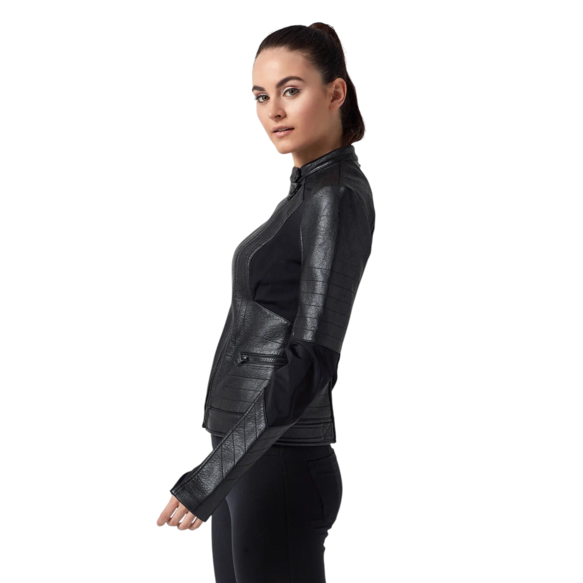 Woman wearing a black leather jacket on a white background