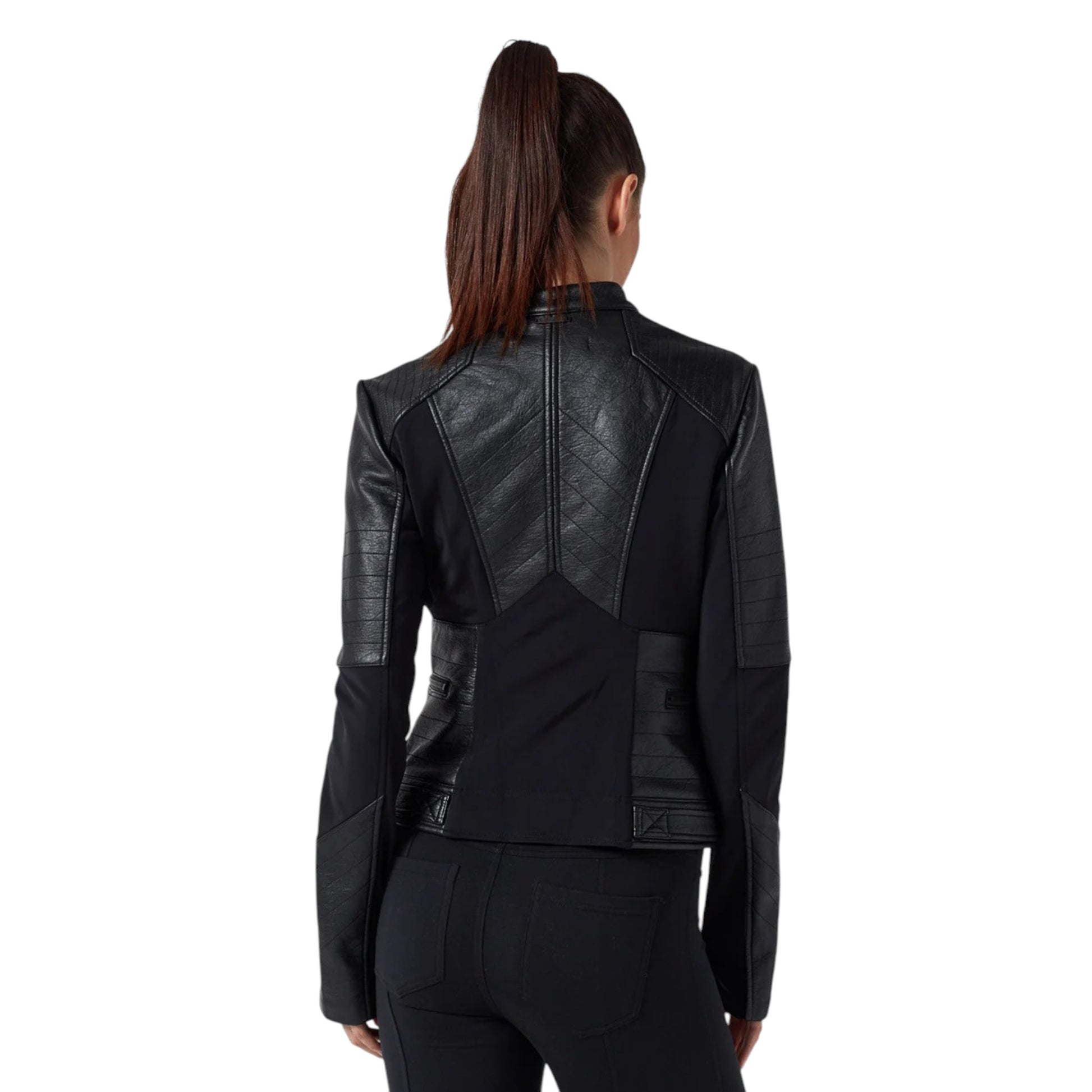 Black leather jacket worn by a person on a white background