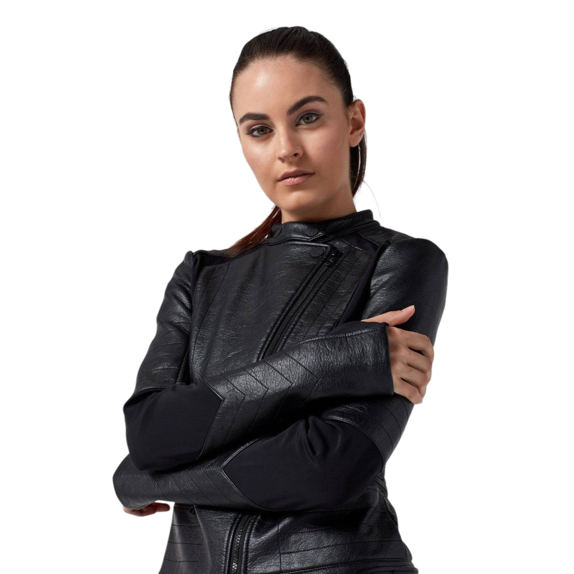 Person wearing a black leather outfit on a white background