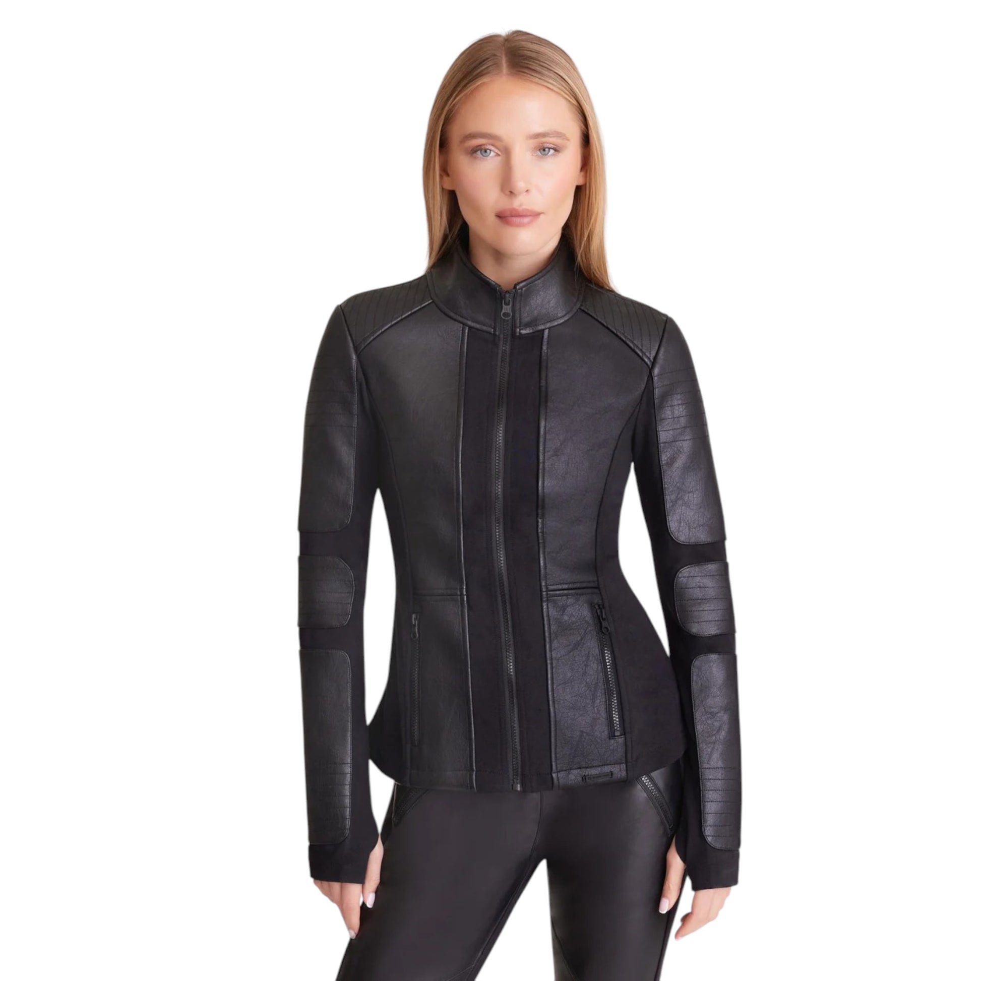 Woman wearing a black leather jacket on a white background