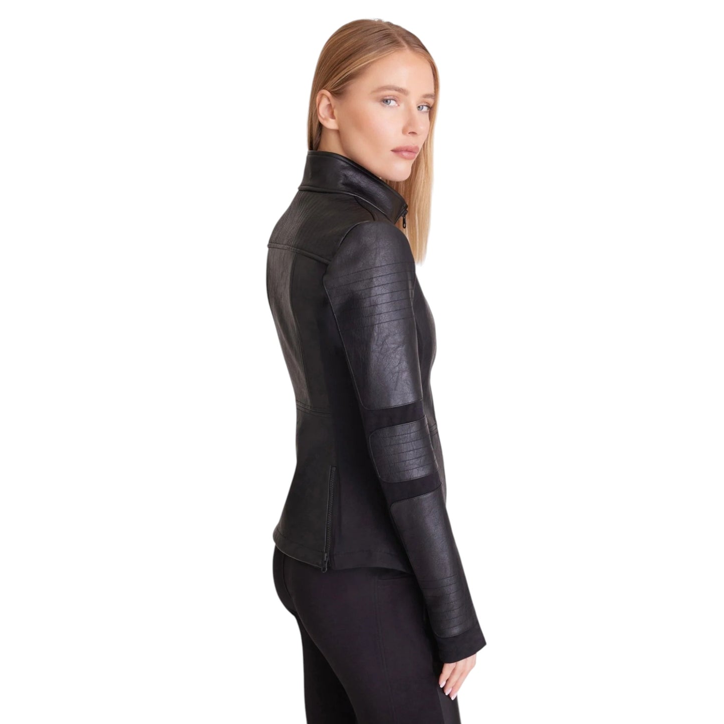 Woman wearing a black leather jacket on a white background