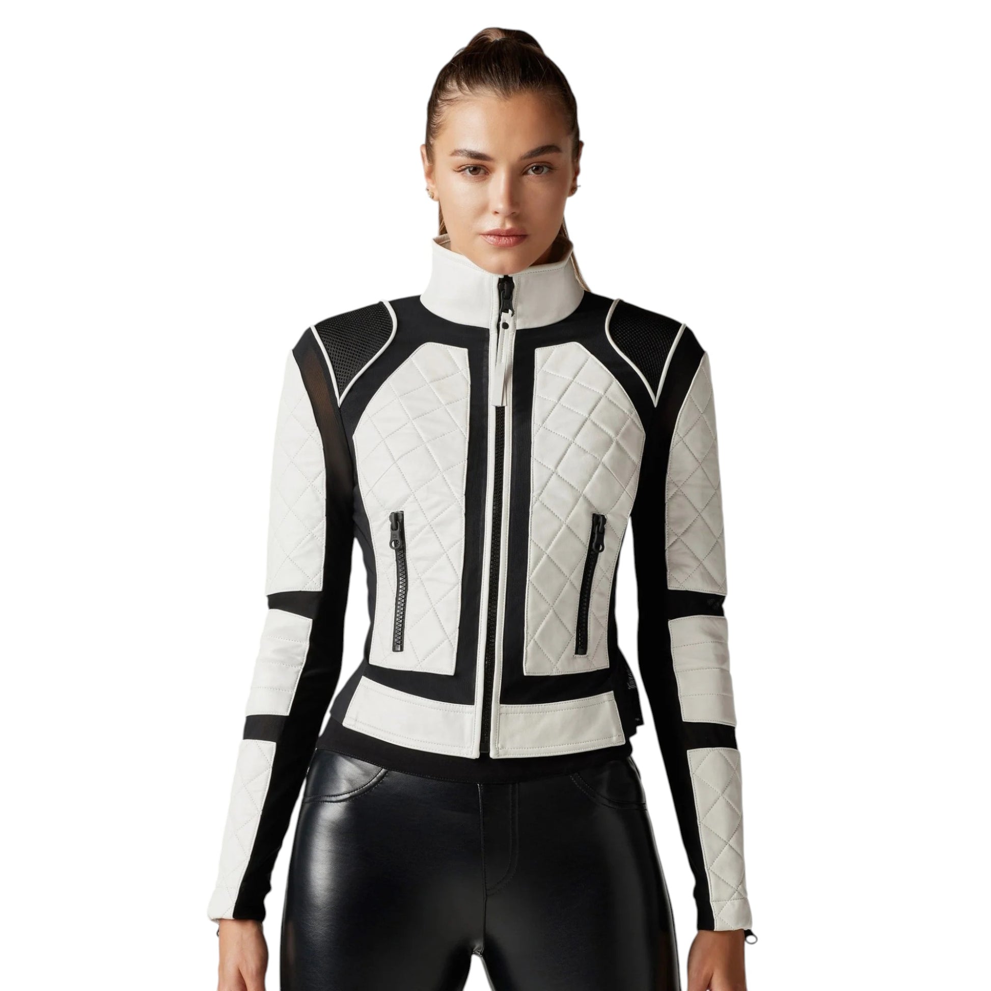 Woman wearing a white and black quilted jacket on a white background