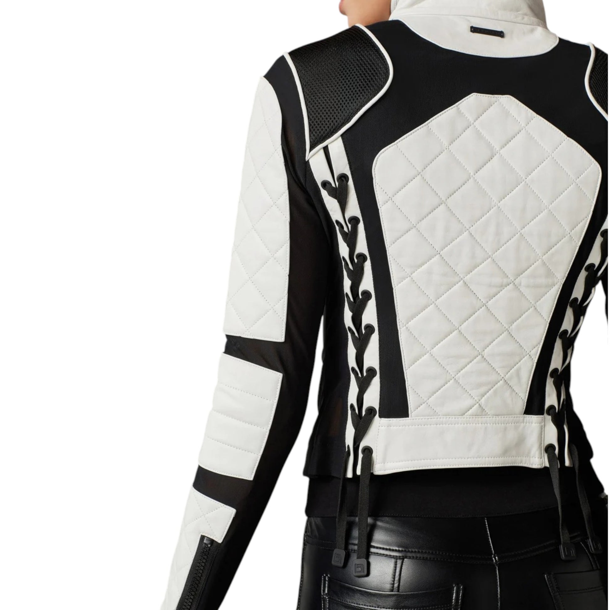 Black and white quilted jacket with geometric patterns on a white background