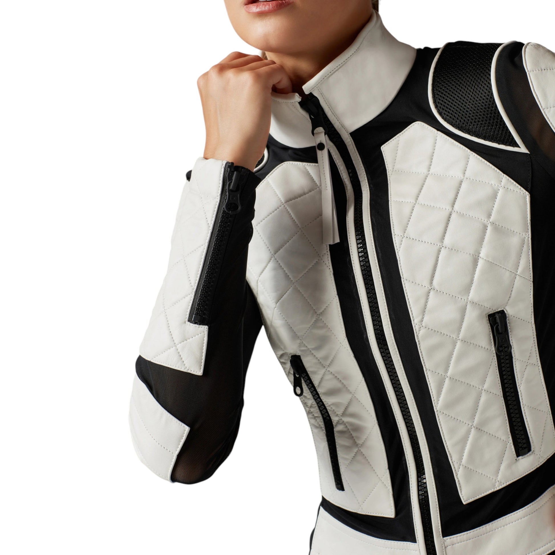 White and black quilted jacket with zippers on a white background