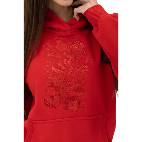 Bold Red Women's Tracksuit with Intricate Hoodie Design